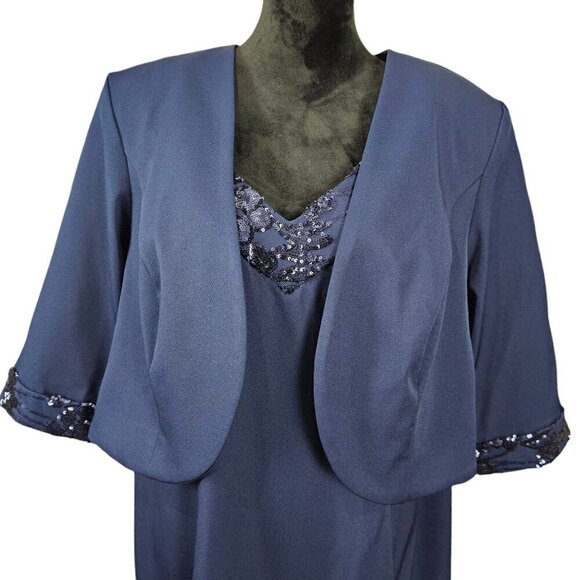 Maya Brooke Two-Piece Sleeveless And Crop Navy Blue Sequins Jacket Dress - Picture 8 of 16